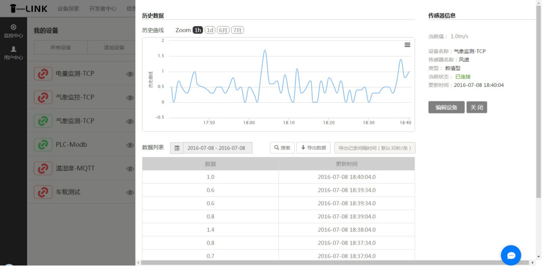 溫室大棚智能控制云平臺歷史數據查詢界面